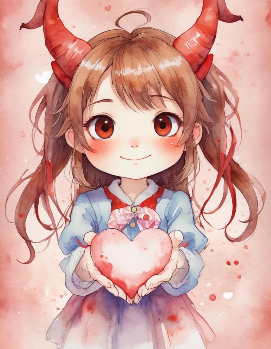 Chibi Demon Girl Anime Illustration in Watercolor