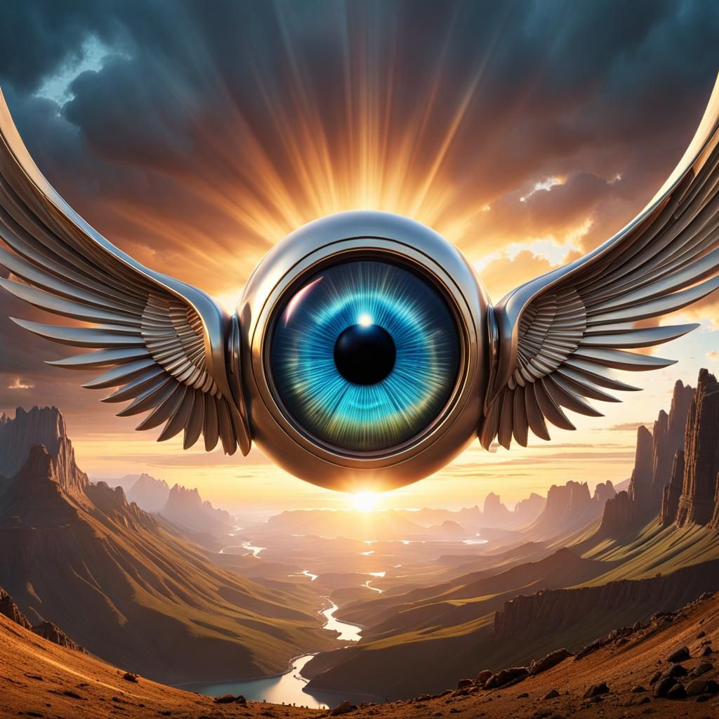 Winged Mechanical Eye in Surreal Landscape
