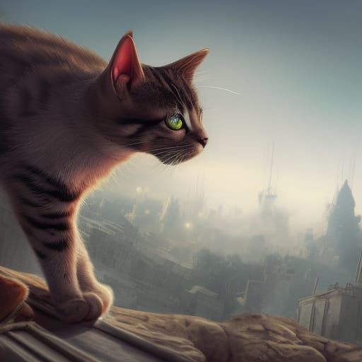 Combat Kitten in War-torn Syria: Detailed Matte Painting