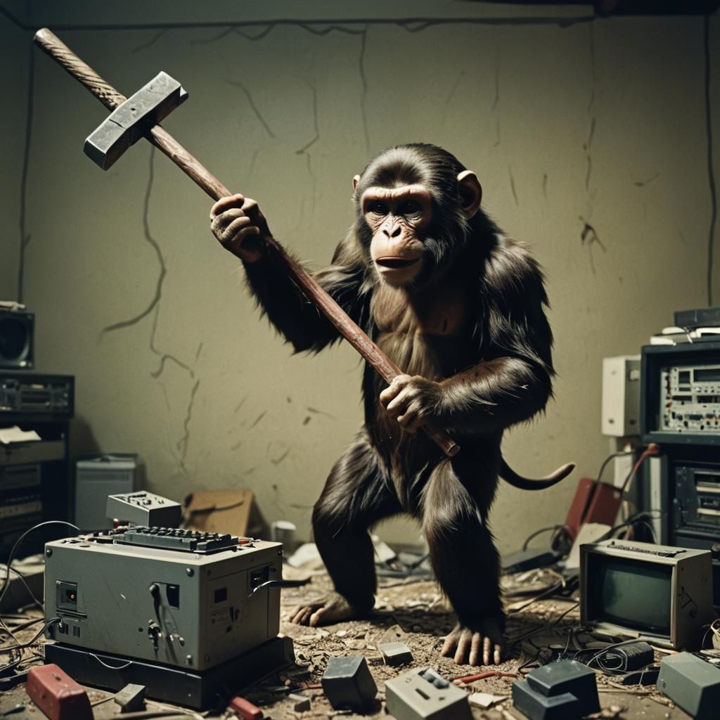 Ape Smashes Computer in Cinematic Film Still