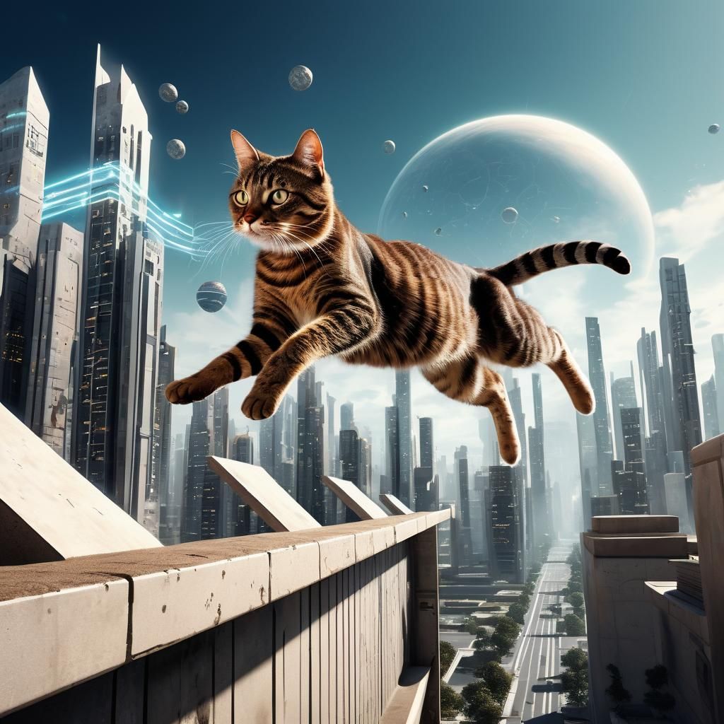 Tabby Cat Does Parkour in Future City