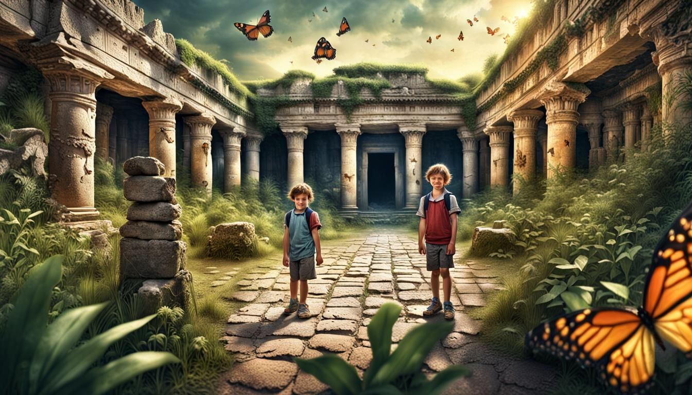 Twins Explore Ancient Ruins: Hyperrealistic HDR Image
