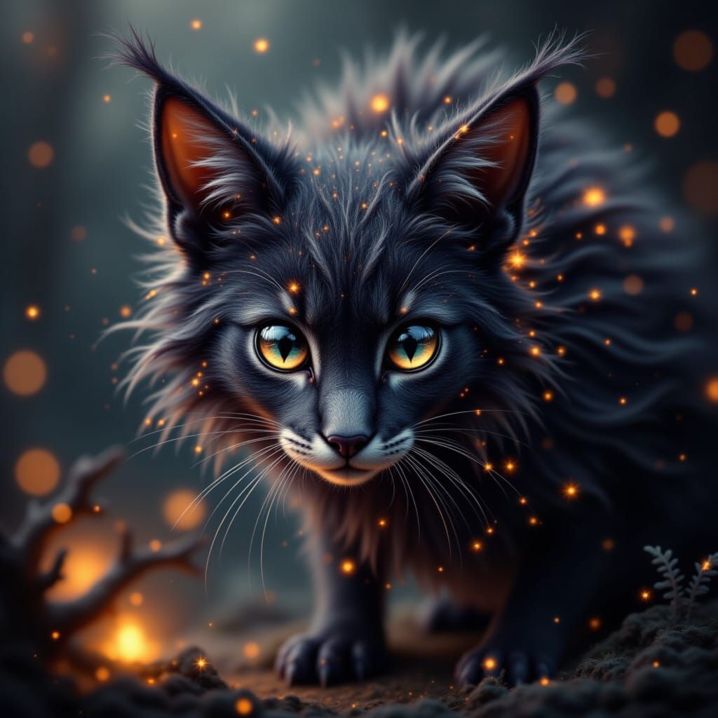 Hyperrealistic Warrior Cat in a Moody, Atmospheric Setting
