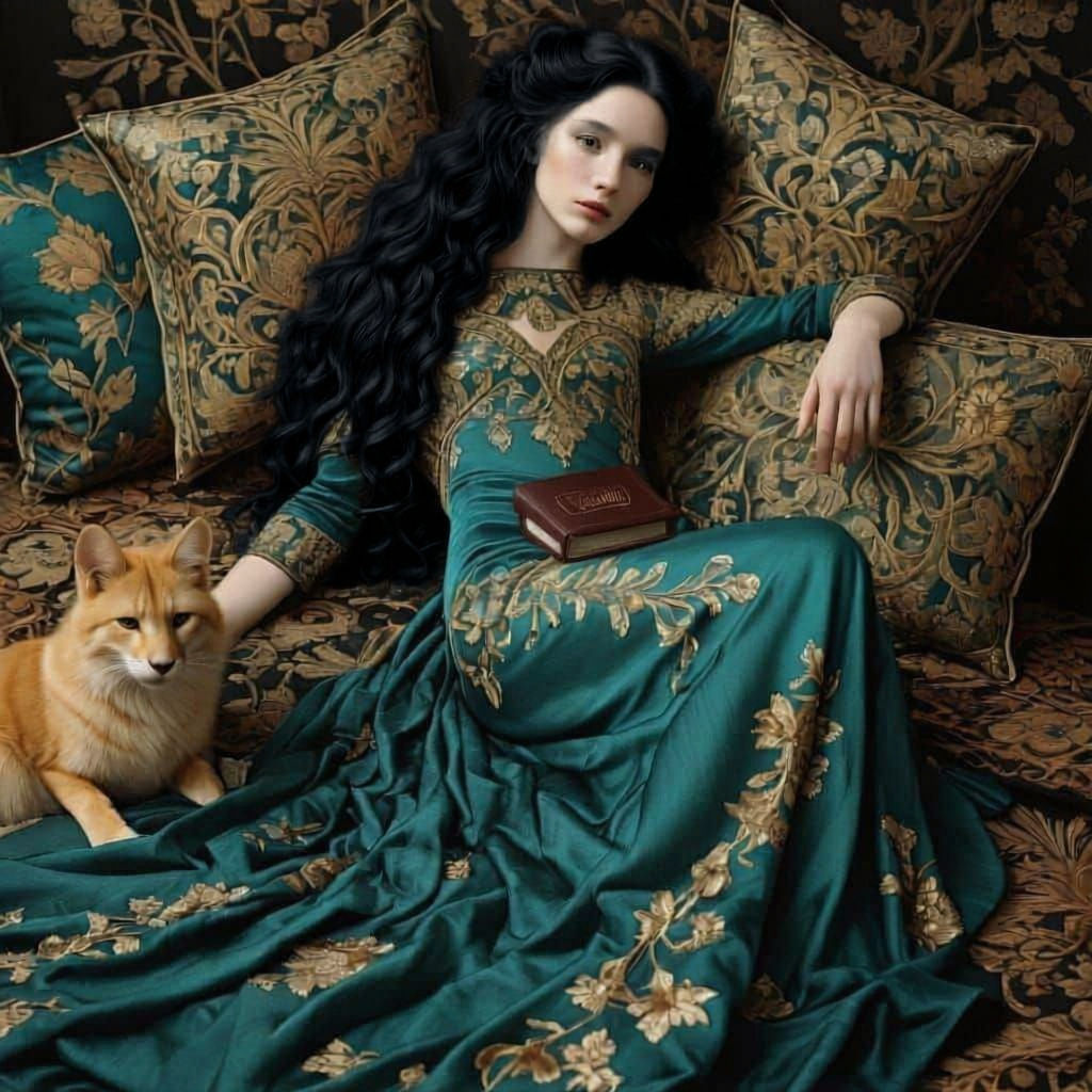 Beautiful Red Haired Woman in Gold Gown, Art Nouveau Style