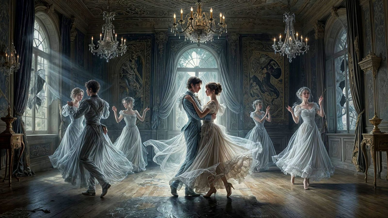 Ethereal Victorian Ballroom Dance in Moonlight