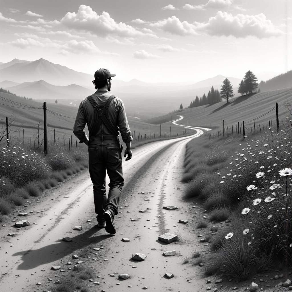Old Man on Country Road in Black and White