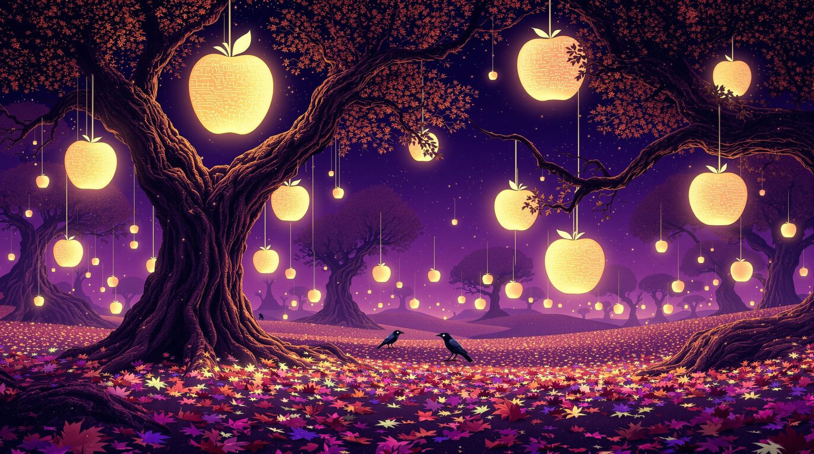 Surreal Data Orchard With Luminous Apples