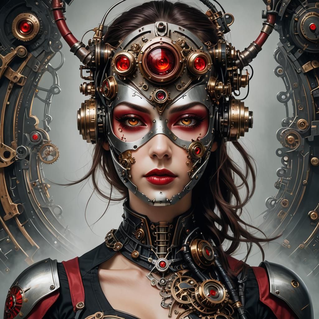 Steampunk Woman with Robotic Mask and Red Eye
