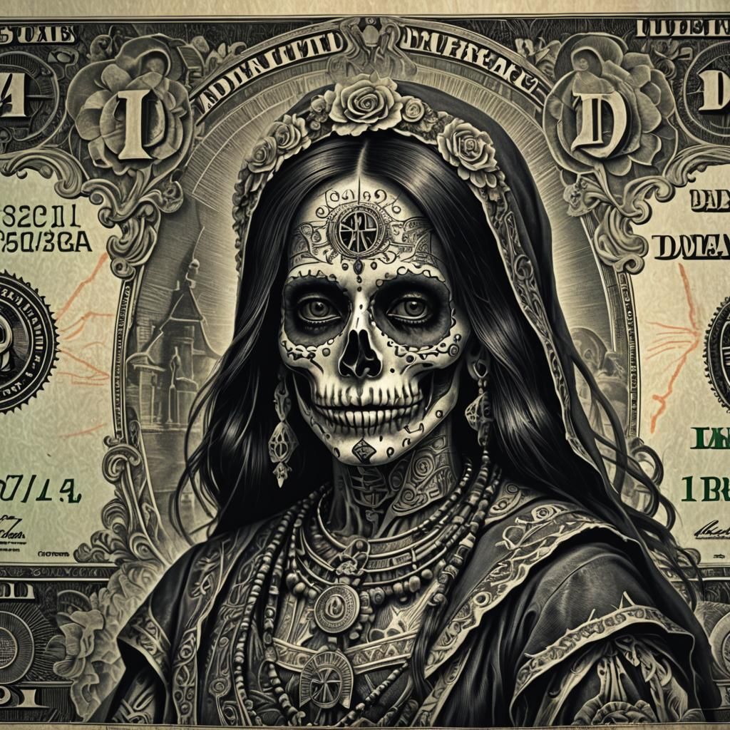 Hyperrealistic Santa Muerte Dollar Bill Portrait