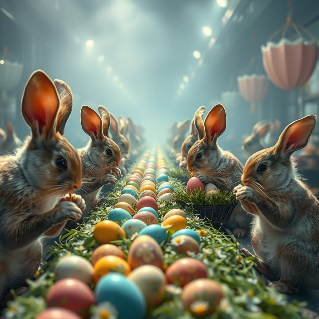 Ethereal Fantasy Easter Egg Production Line with Rabbits