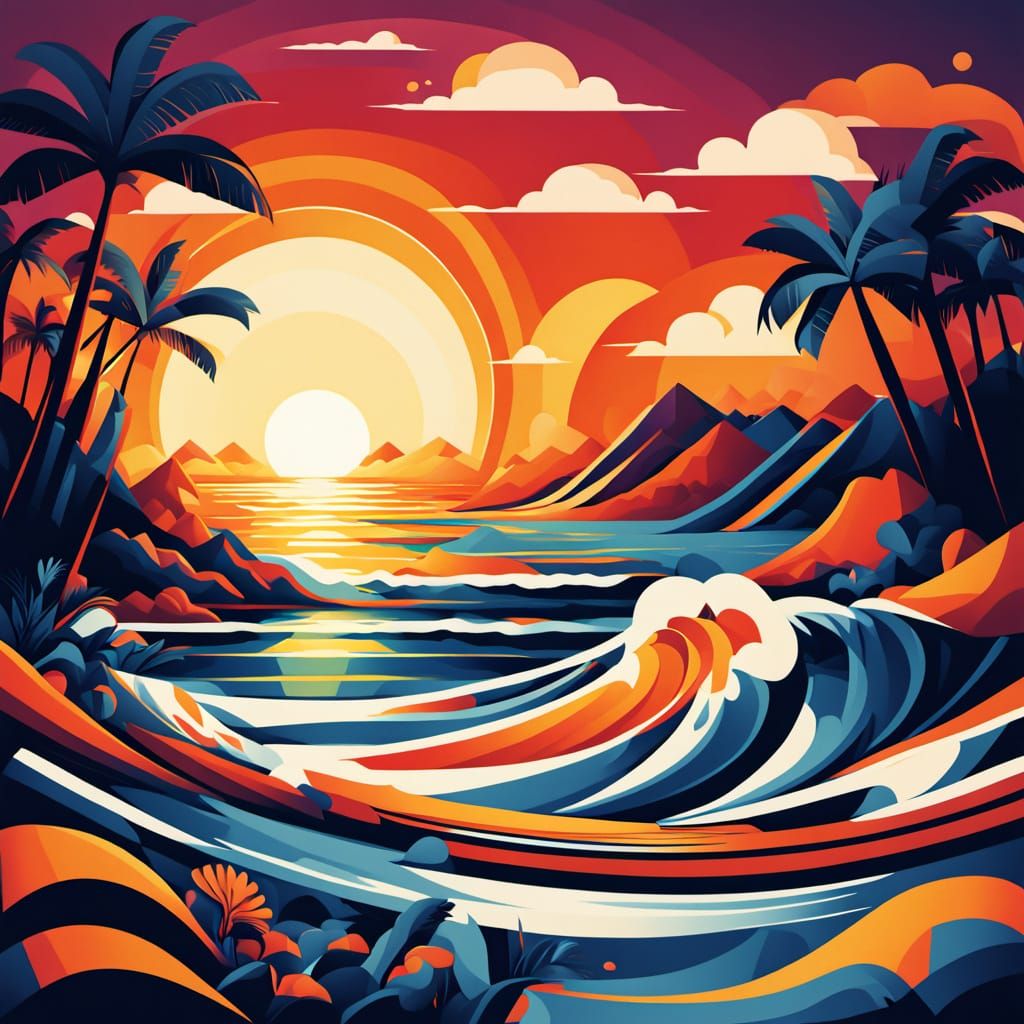 Surreal Sunset Waves in Geometric Fauvist Style