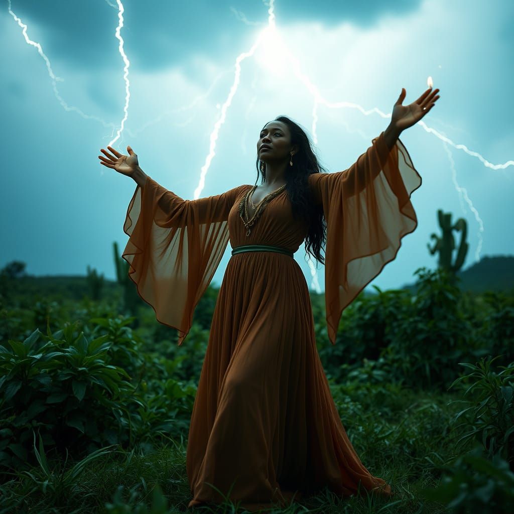 Druidess Summons Lightning in Cinematic Film Style