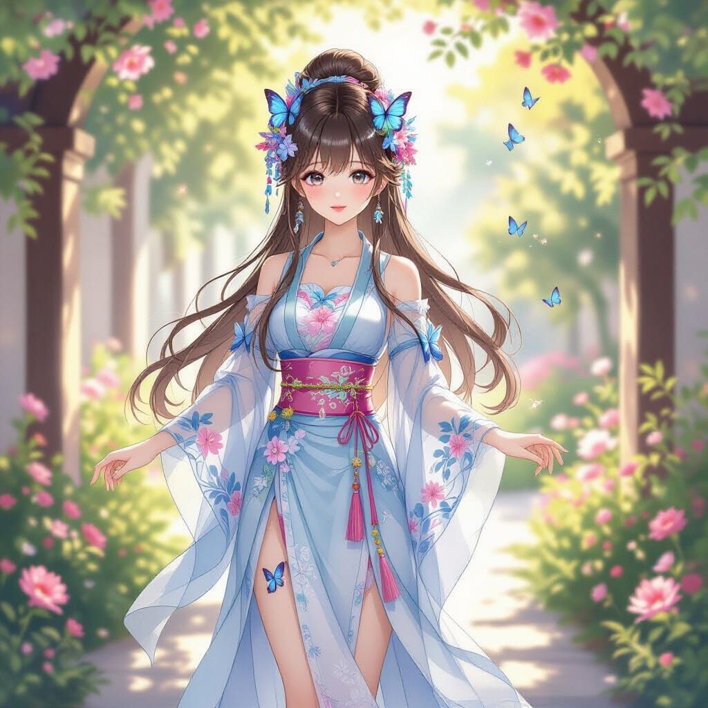 Anime Girl in Sunlit Garden Path with Butterflies