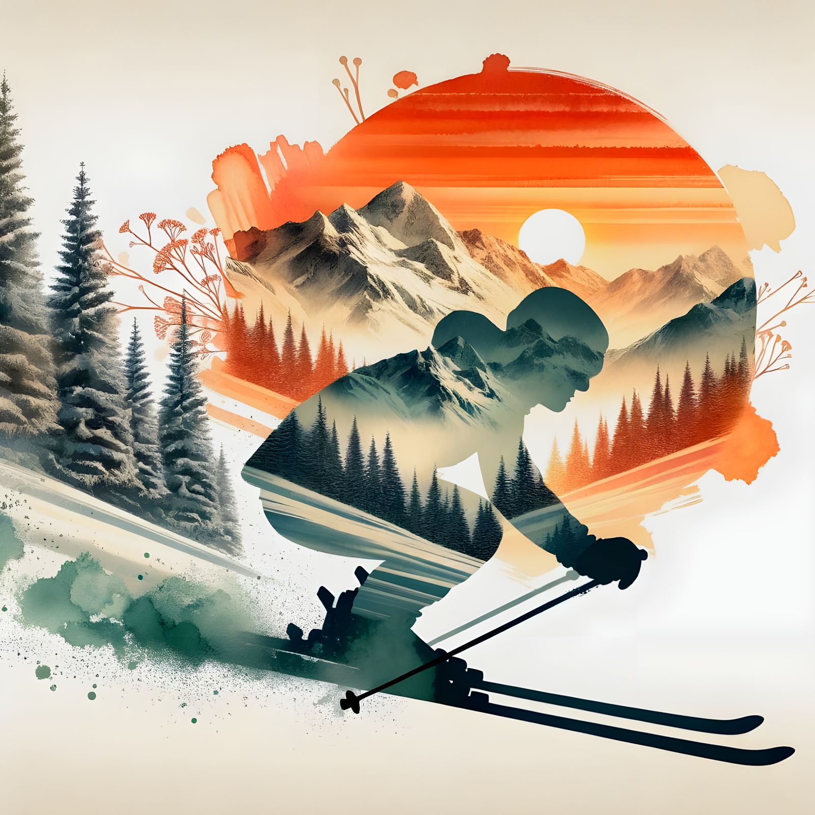 Winter Skier Silhouette Filled with Snowy Mountain Scene