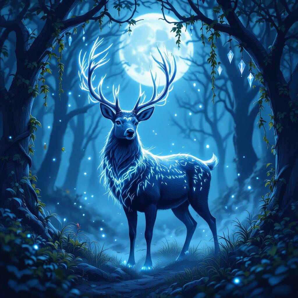 Mystical Deer in Moonlit Forest
