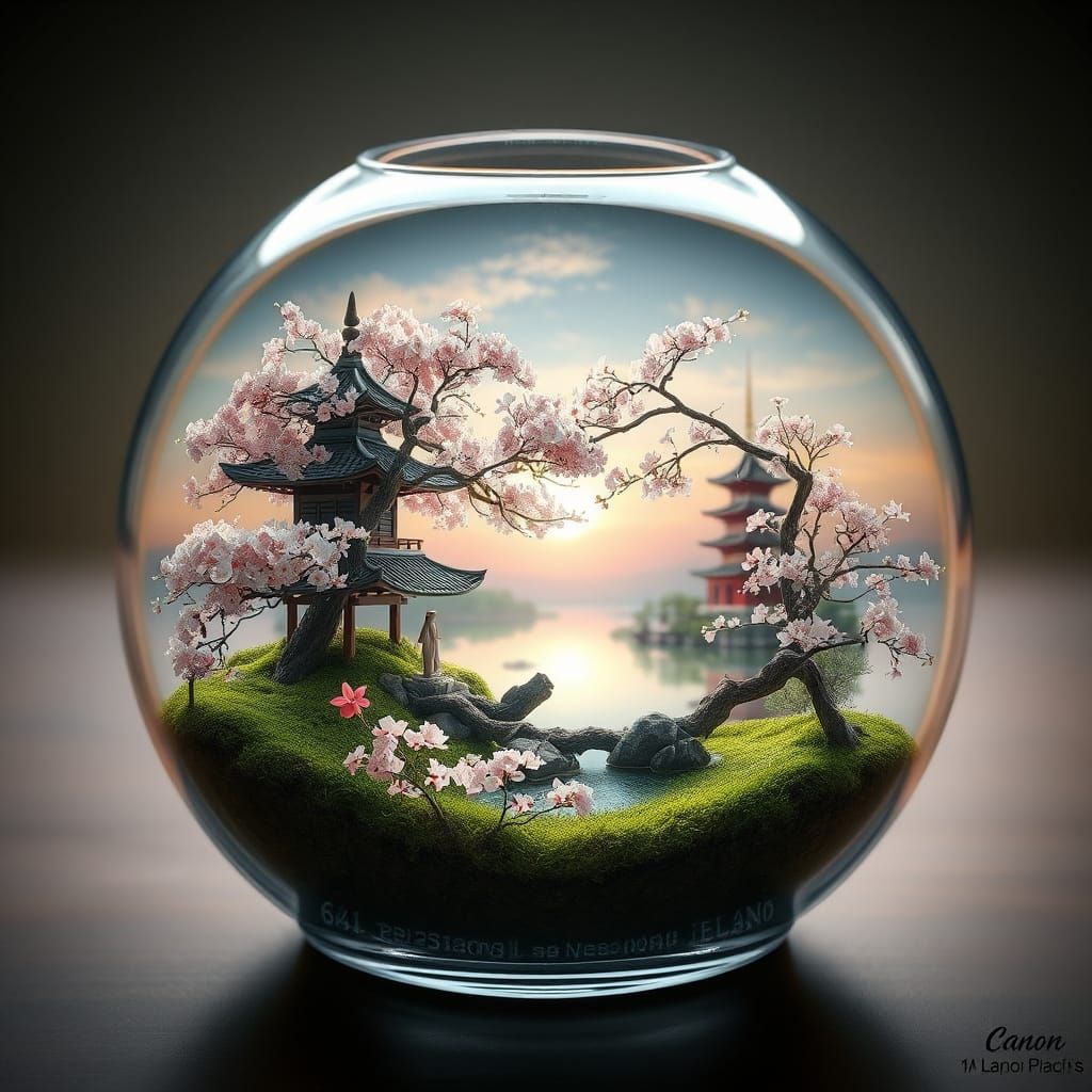 Japanese Bonsai Landscape with Cherry Blossoms