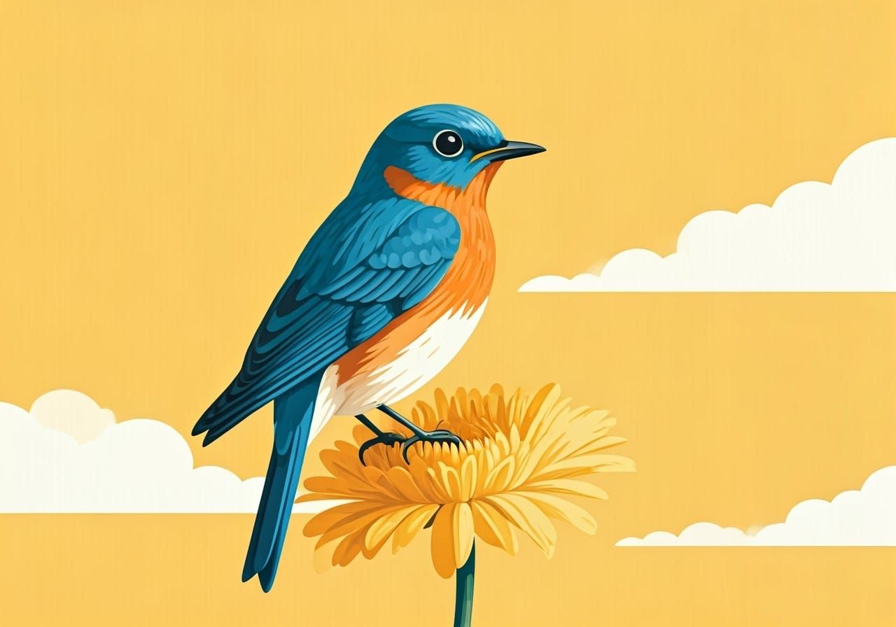 Bluebird on Flower in Mid-Century Modern Style