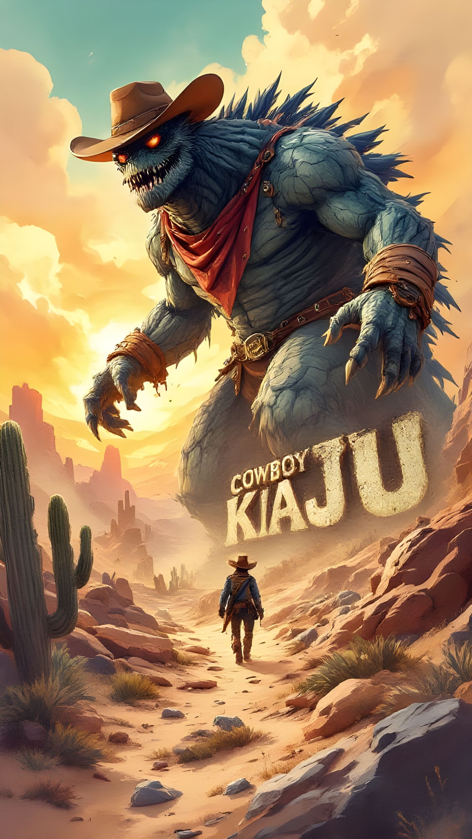 Retro Western Cartoon Kaiju in Cowboy Attire