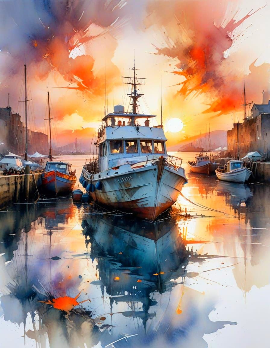Old Boat at Harbour in Watercolour Style