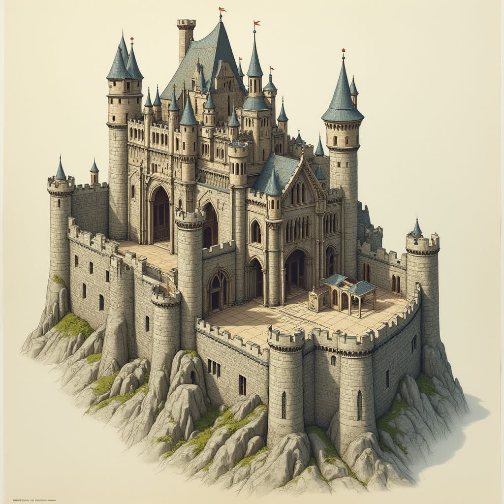 Medieval Castle Illustration in Fantastical Architectural St...