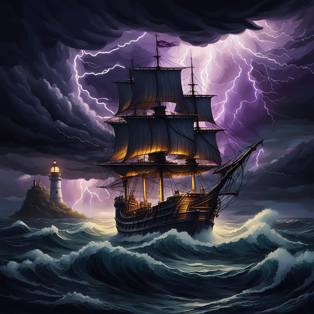 Dramatic XVII Century Galleon Sails Through Stormy Seas