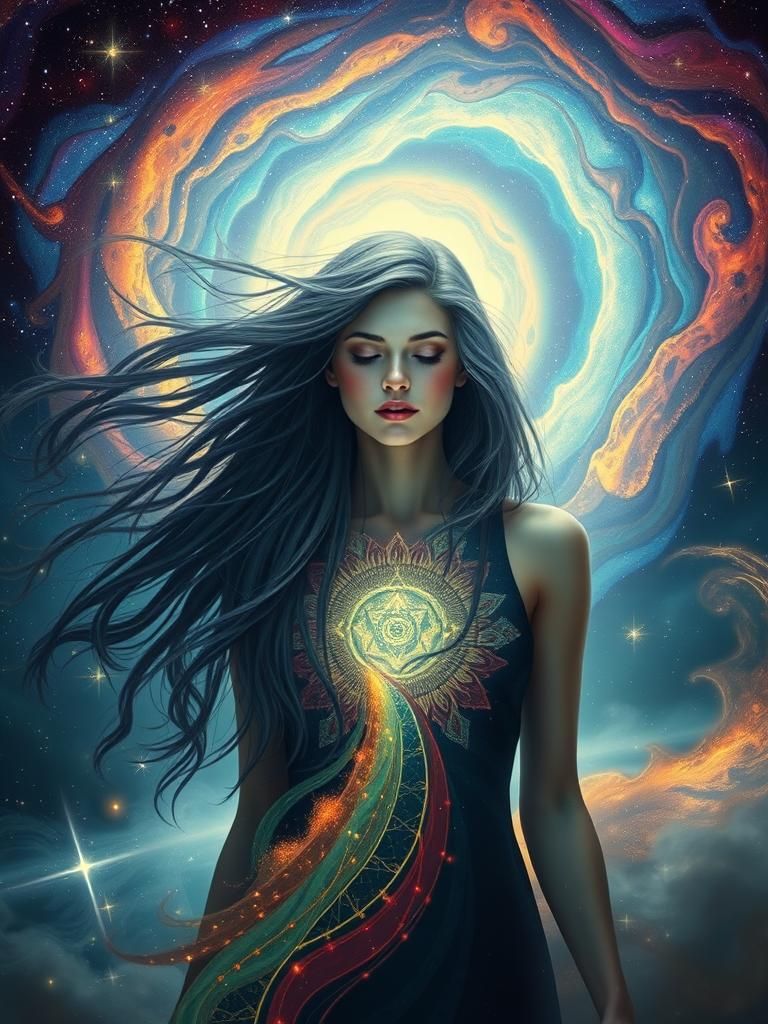 Mystical Woman with Flowing Hair in Cosmic Scene