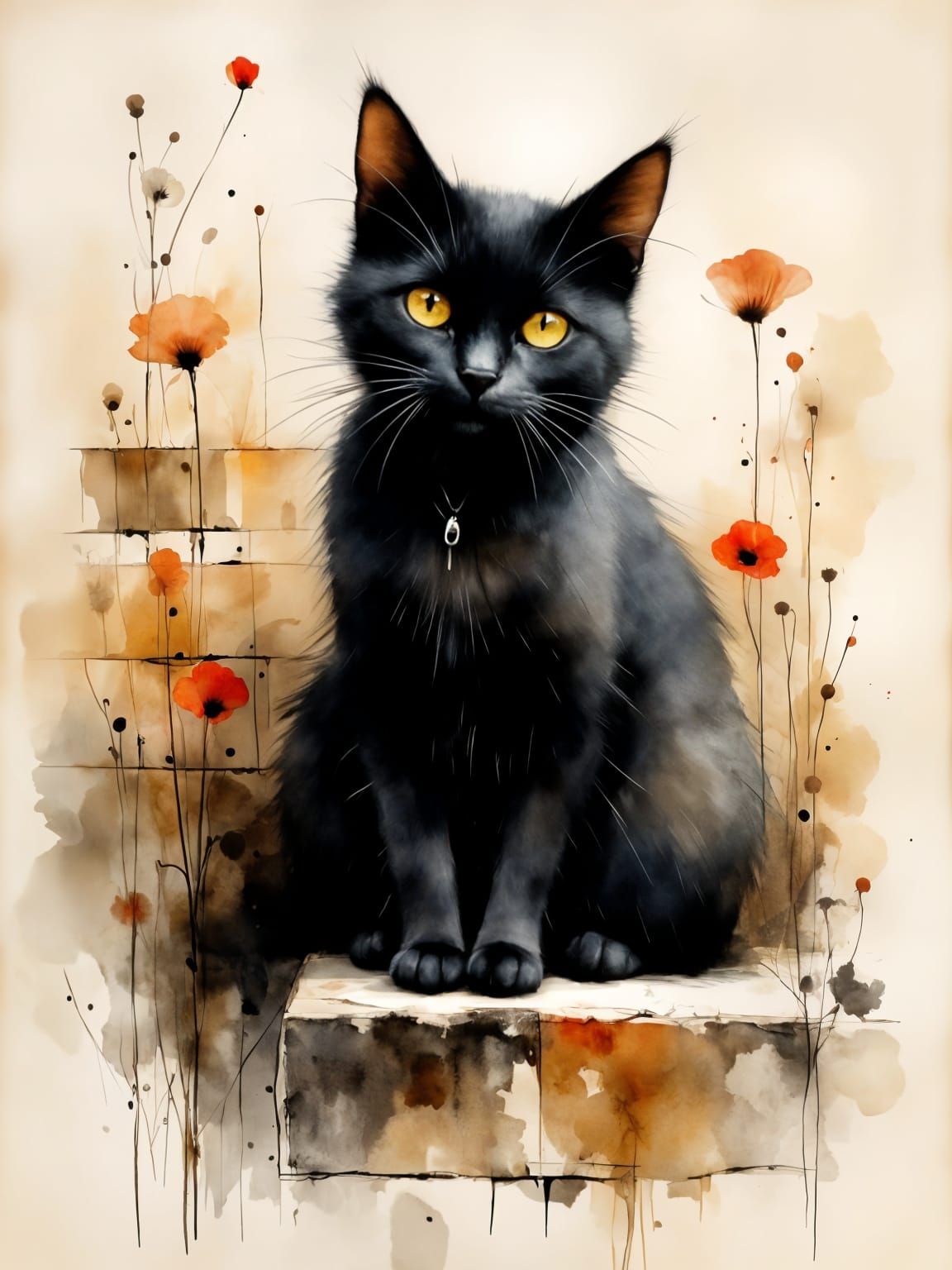 Ethereal Black Cat Silhouette on Weathered Brick Wall