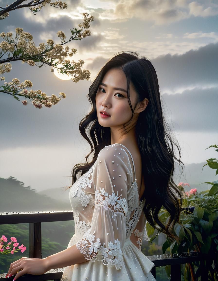 Korean Woman in Rain, Chiaroscuro Oil Painting