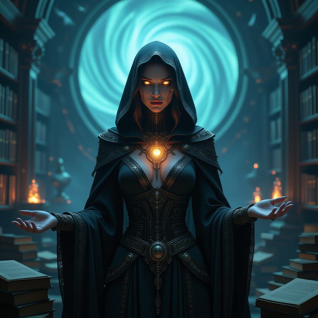 Biomechanical Sorceress in Mystical Library, Hyperrealistic ...