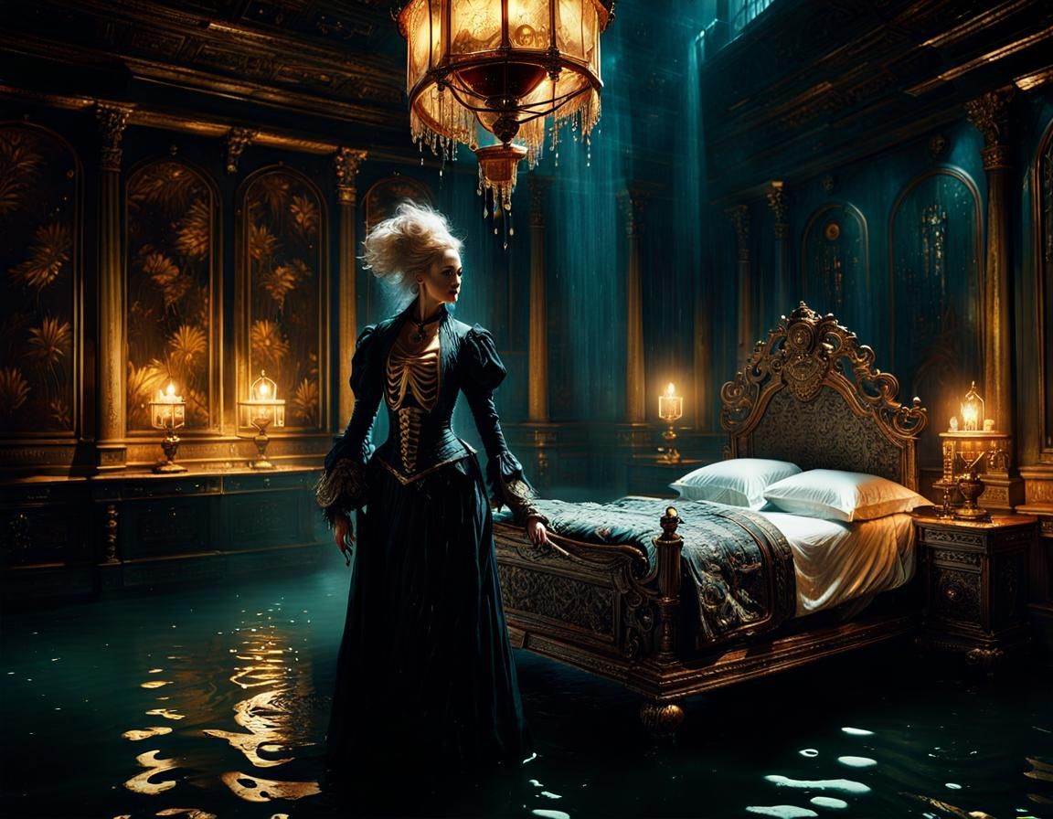 Surreal Skeletal Pirate Woman in Flooded Bedroom