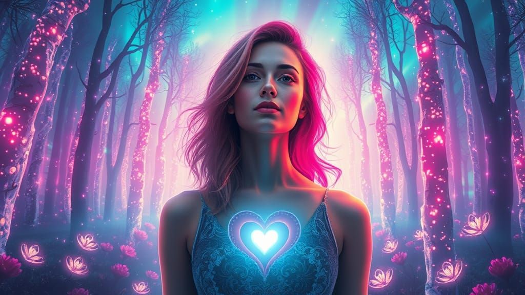 Mystical Heart in a Dreamlike Aurora Forest