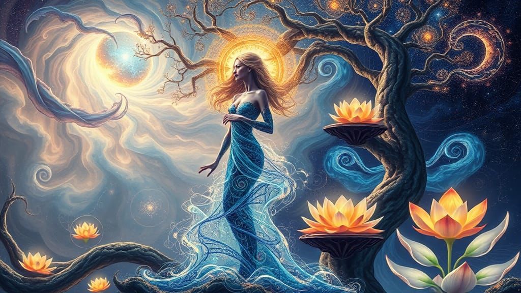 Surreal Female Figure Embracing Cosmic Consciousness