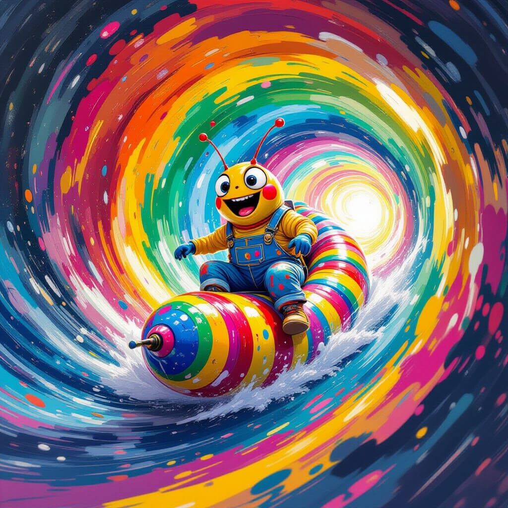 Caterpillar Rides Rainbow Paint Whirlpool in Cosmic Studio