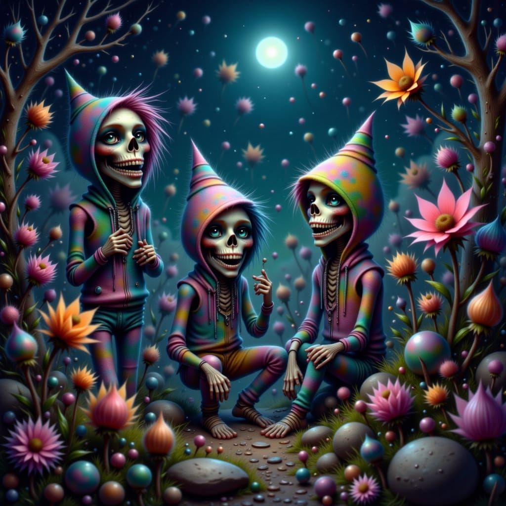 Laughing Chibi Skeletons in Moonflower Graveyard