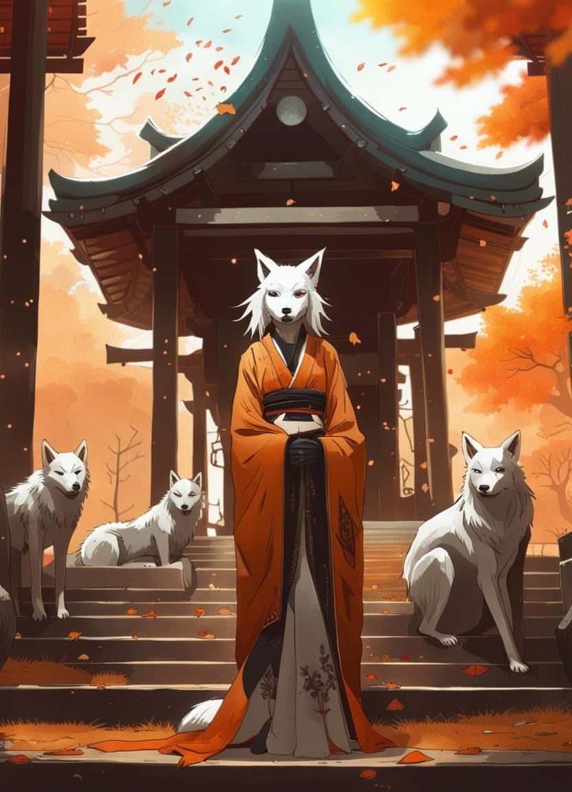 Anime Wolf Priest in Autumn Temple
