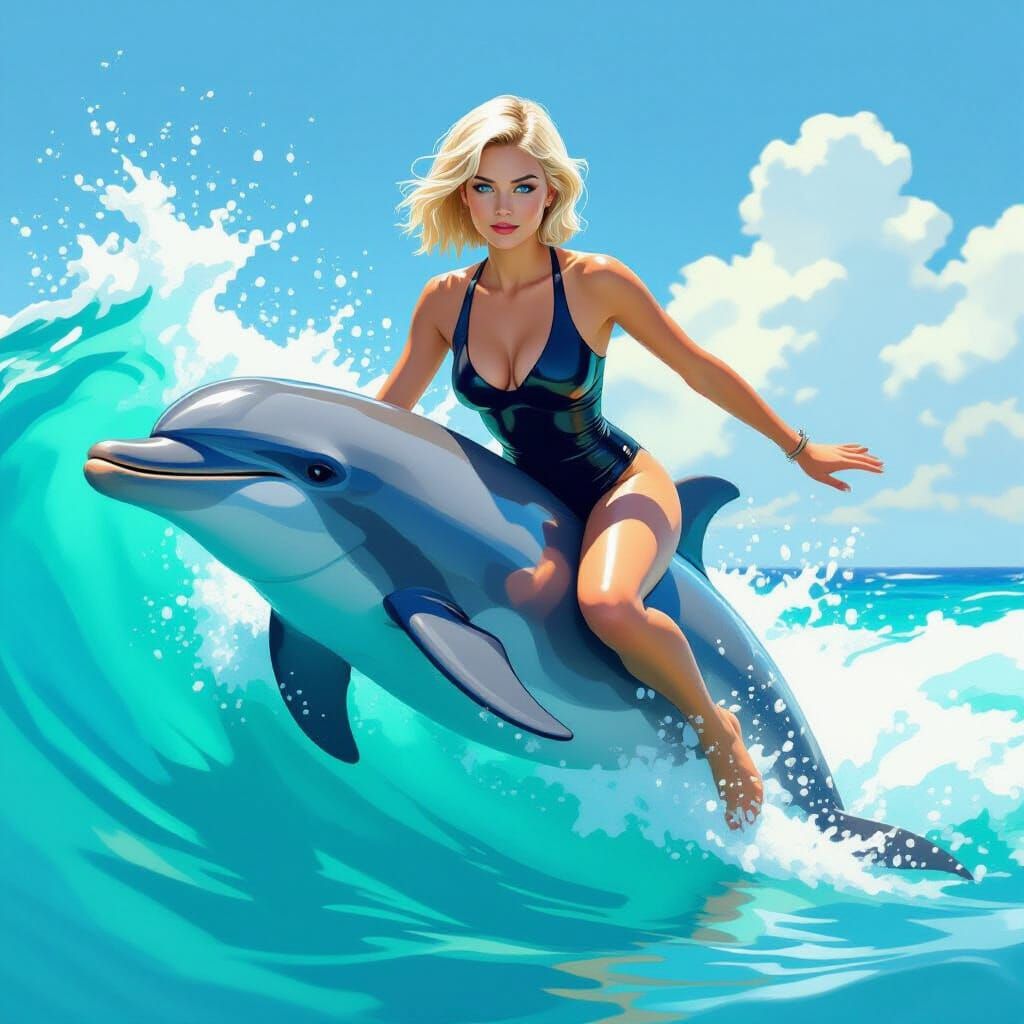 Woman Rides Dolphin in Sun-Kissed Digital Art
