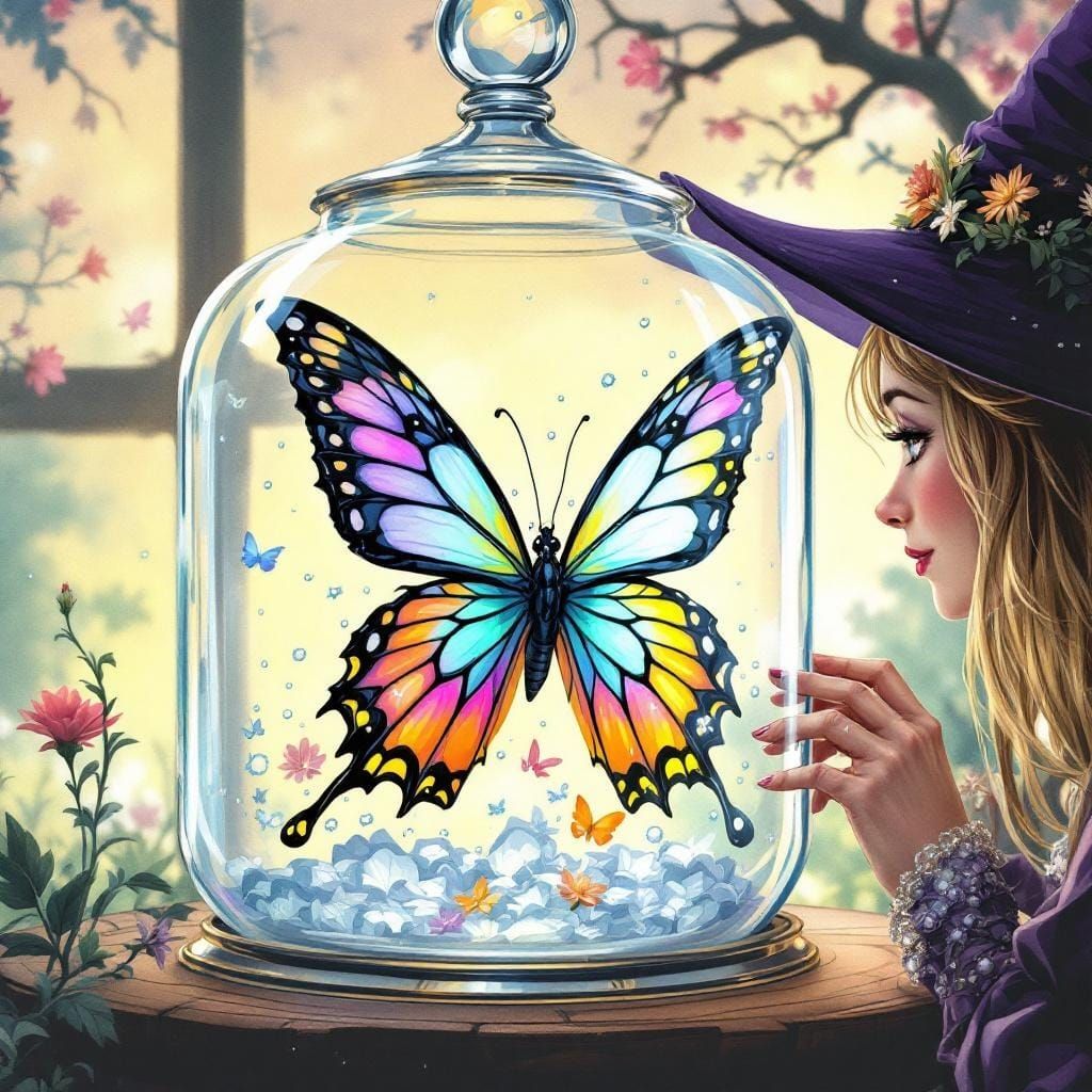 Butterfly in Glass Jar, Comic Style Illustration