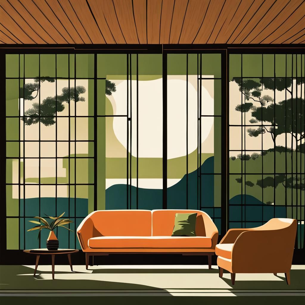 High Contrast 1970s Interior with Olive Sofa