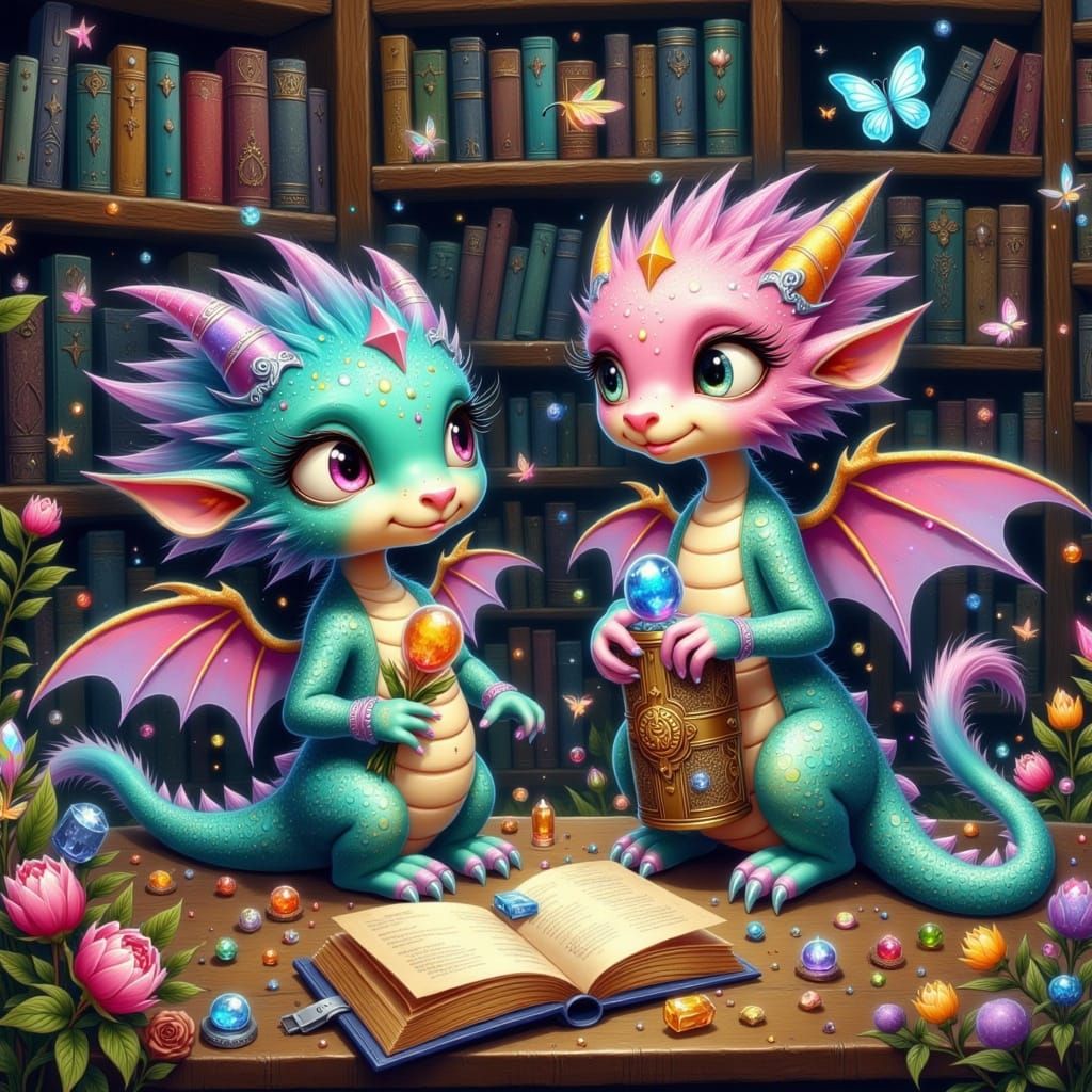 Whimsical Library Worlds with Chubby Dragons and Shiny Treas...