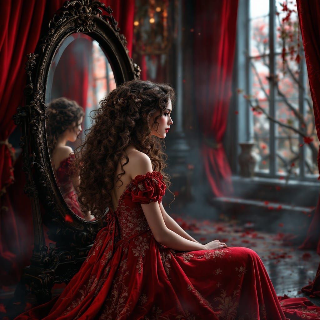 Victorian Era Woman in Red Regalia Beside a Mirror