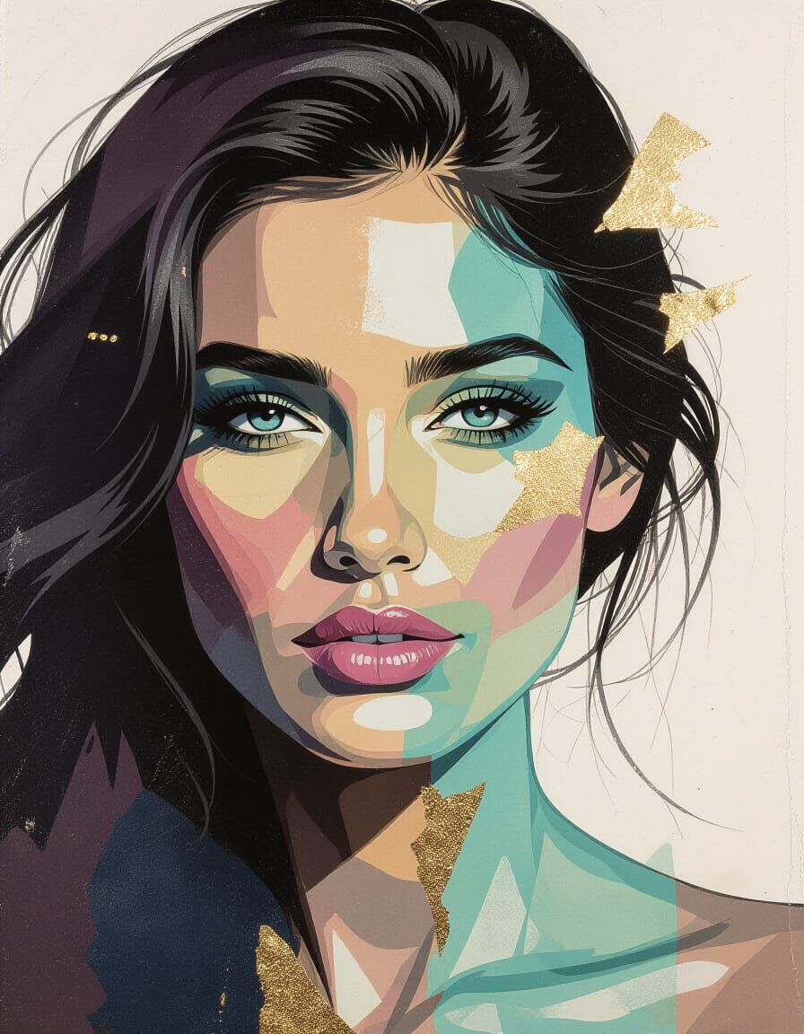 Double Exposure Portrait with Metallic Accents and Pastel Wa...