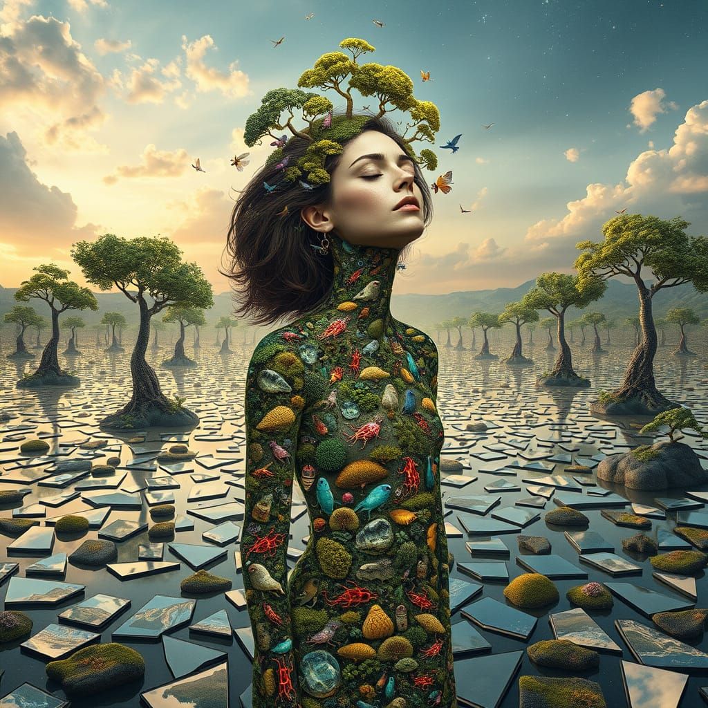 Surreal Bio-Art Goddess in a Dreamlike Landscape of Ecosyste...
