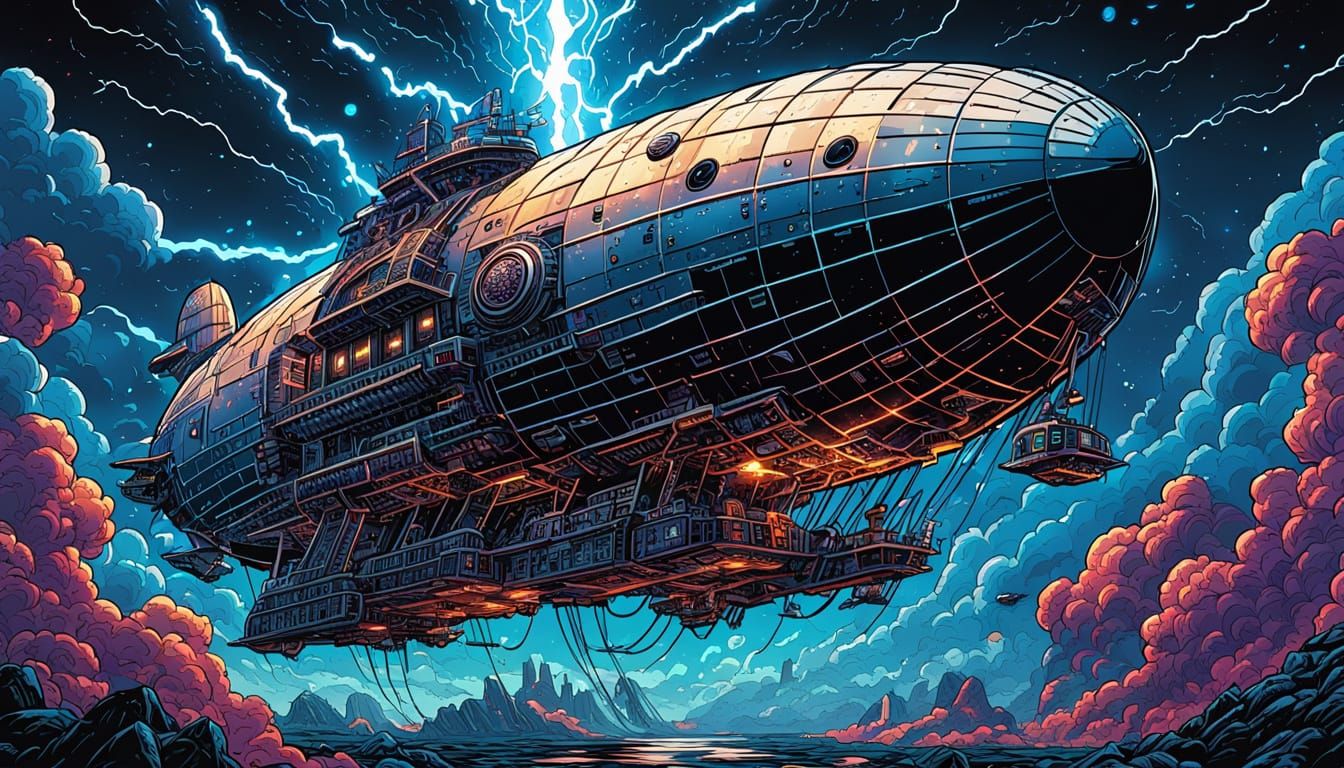 Cosmic Airship Journey in Comic Book Style