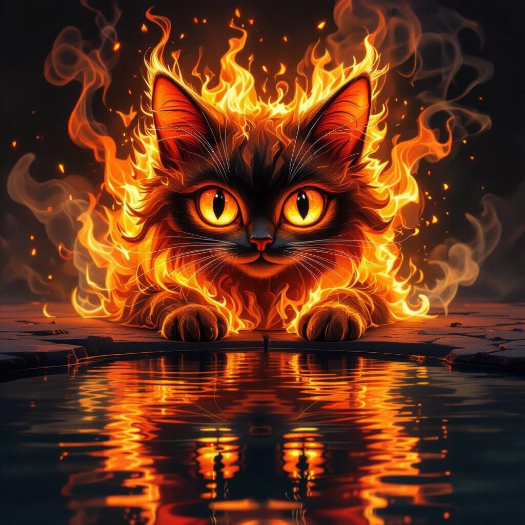 Fiery Cat Reflects in Water, Painterly Style