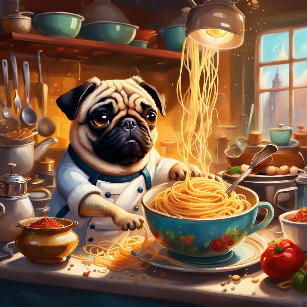 Pug Chef Cooks Spaghetti: Whimsical Digital Art