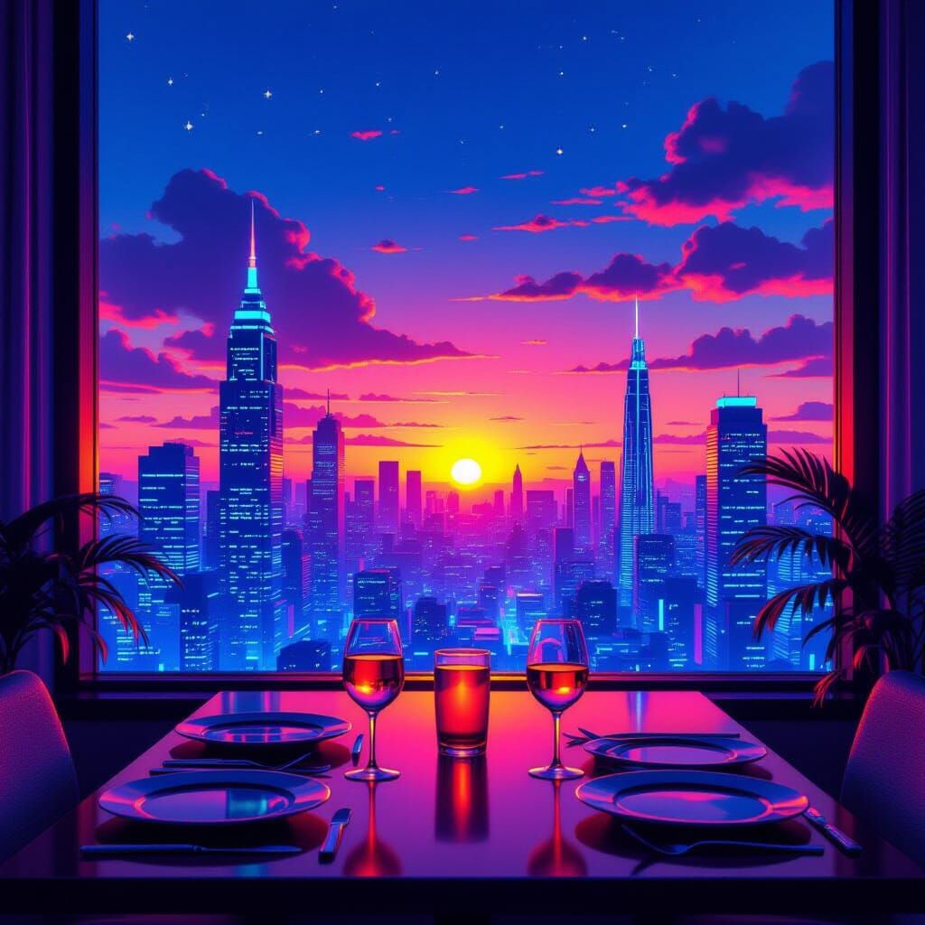 Neon Vaporwave City Sunset Party View
