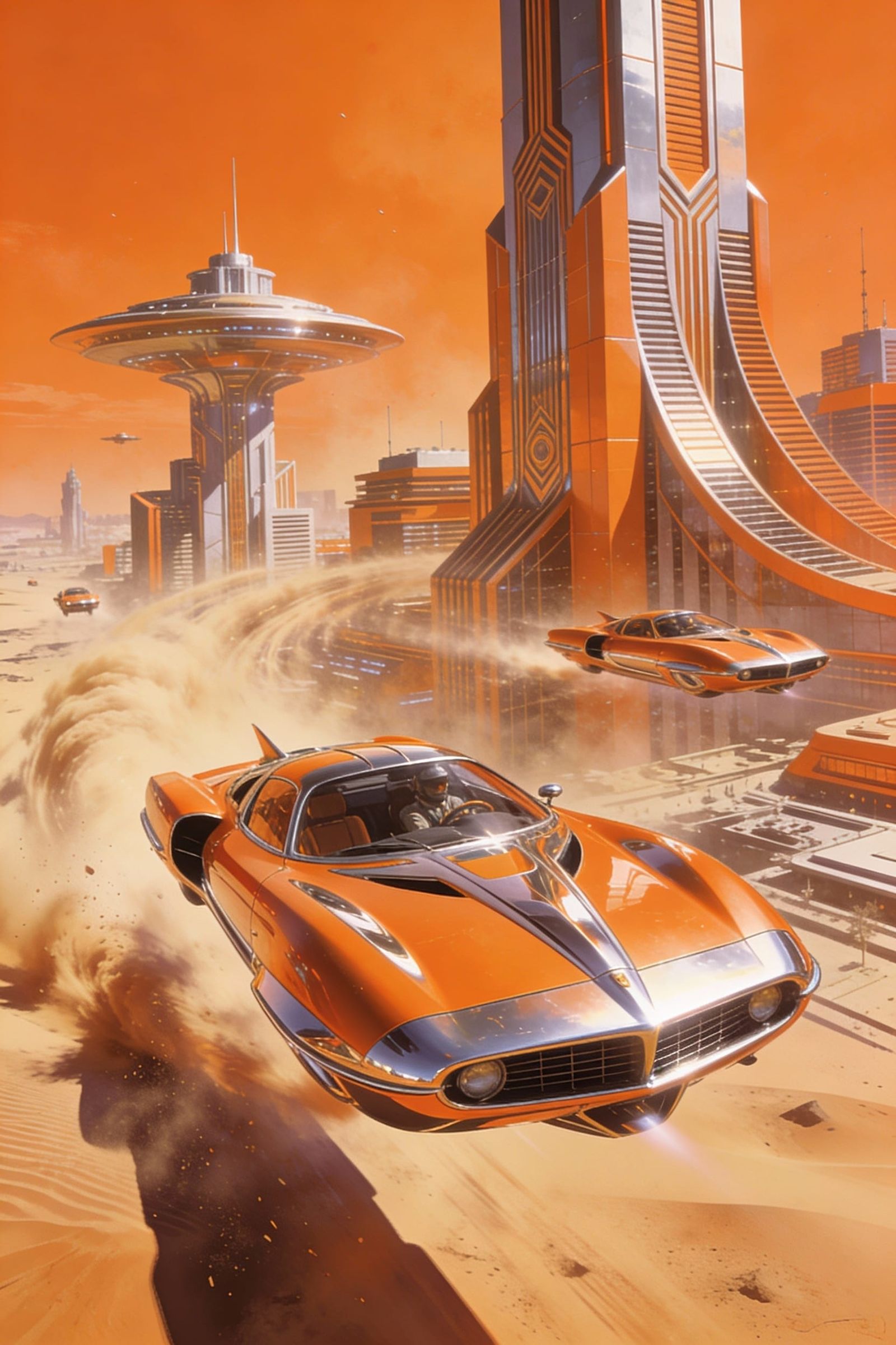 Art Deco Flying Cars in Orange Sandstorm Metropolis