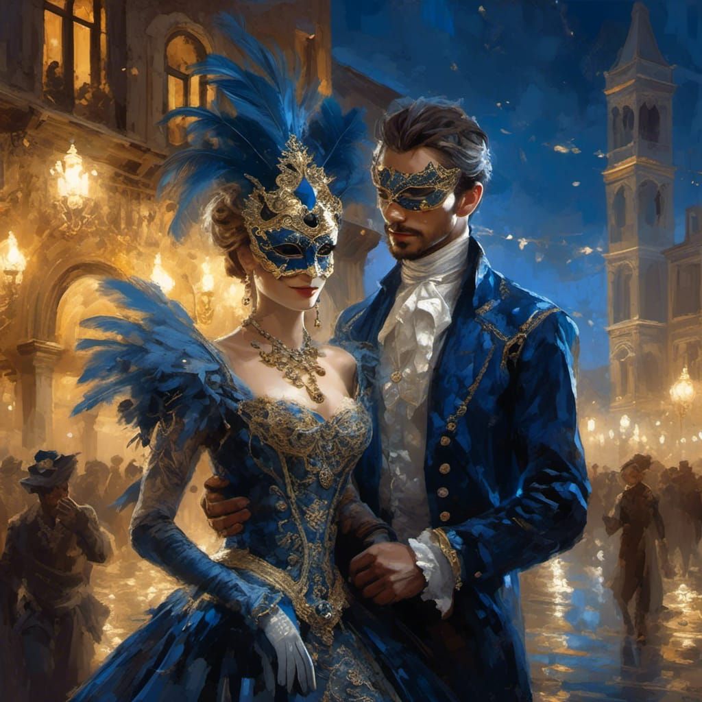 Medieval Couple Celebrates Venice Carnival at Night