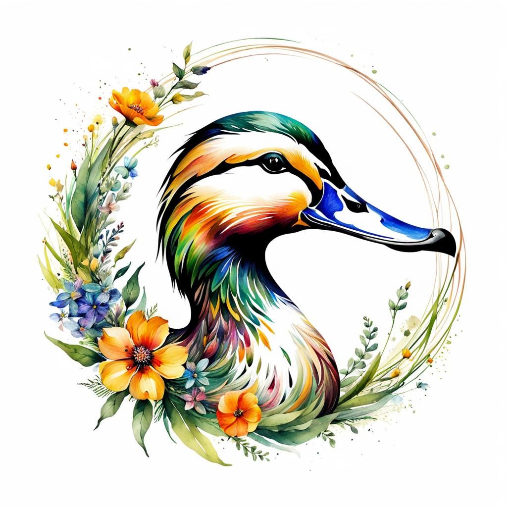 Whimsical Duck Head in Watercolor Floral Spiral