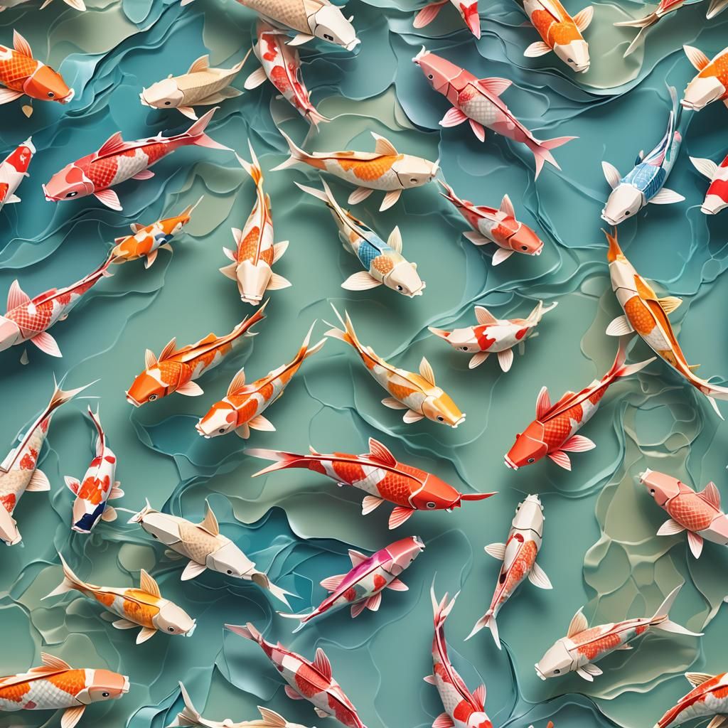 Origami Koi Fish Swimming in Glass Lake